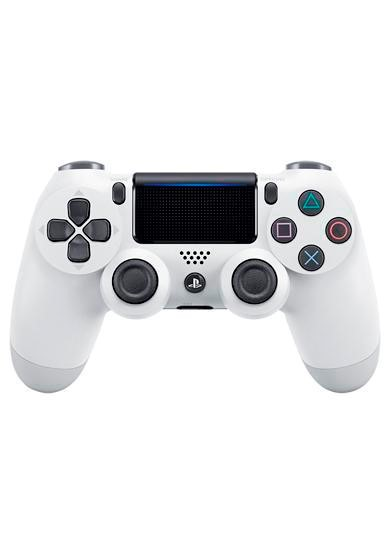 Witte PlayStation 4-controller. De controller heeft knoppen en joysticks. Hij staat op een witte achtergrond.