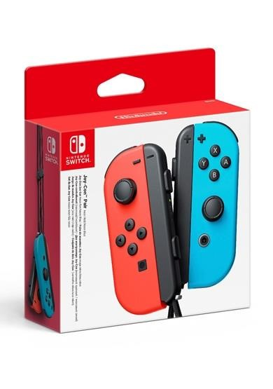 Nintendo Switch Joy-Con controllers in een rode en witte doos. Blauwe en rode controllers zijn zichtbaar.