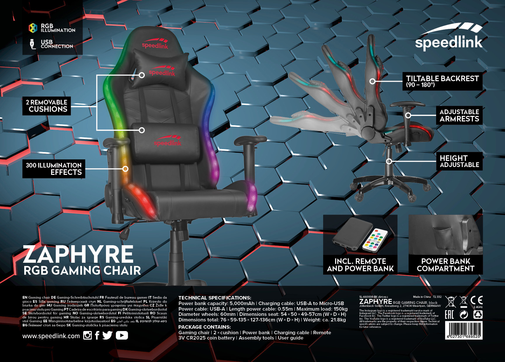 SPEEDLINK ZAPHYRE RGB Gaming Stuhl, Schwarz