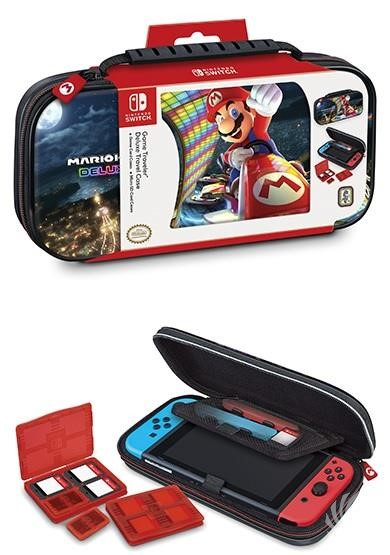 Nintendo Switch travel case with Mario on it. The case is red and black.