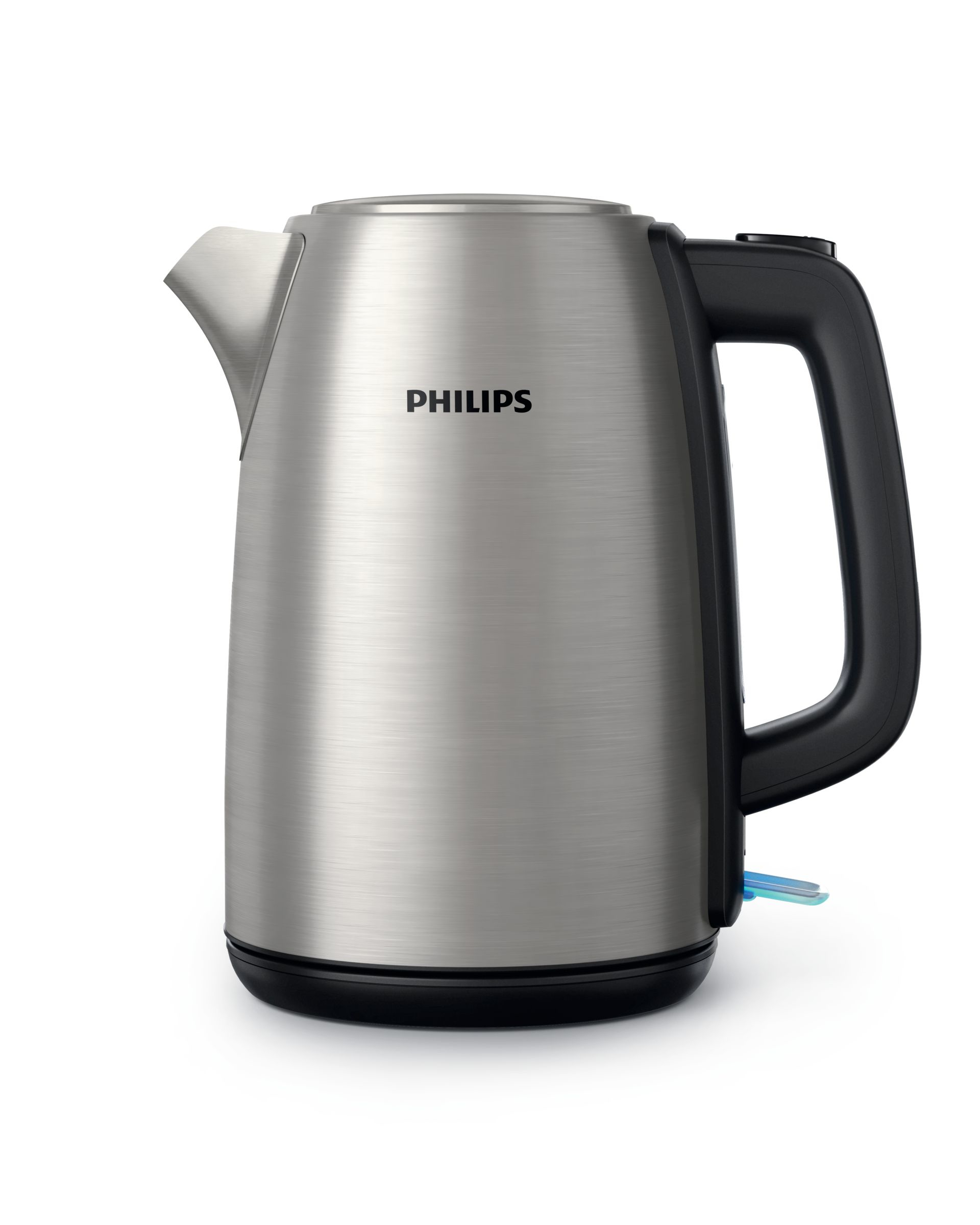 Silberner Philips-Wasserkocher mit schwarzem Griff und Boden, auf weißem Hintergrund. Markenname sichtbar.