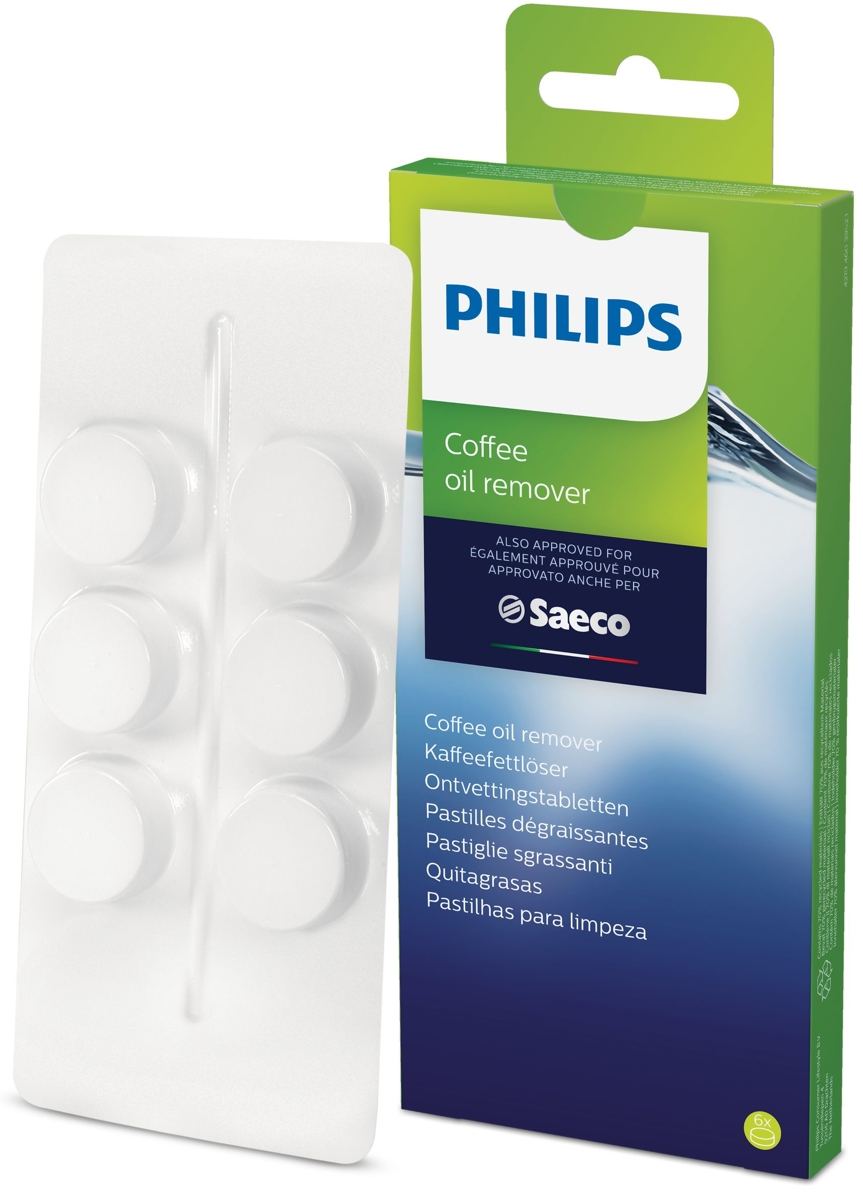 Philips Kaffeeöl-Entferner-Tabletten und Verpackung. Tabletten in Blisterverpackung, eine grün-weiße Box.