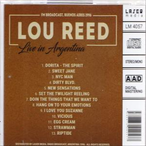Rückseite einer CD-Hülle mit einer Liste von Songtiteln. Der Titel lautet 'Lou Reed Live in Argentina'.