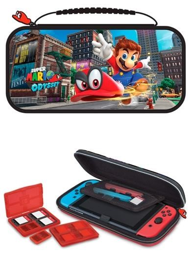 Super Mario Odyssey case with game console and game cartridges.
