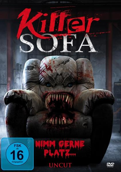 Killer Sofa Filmplakat. Ein Monstersofa mit Gesicht und Zähnen. Dunkler Raum, Blut und Gewalt.