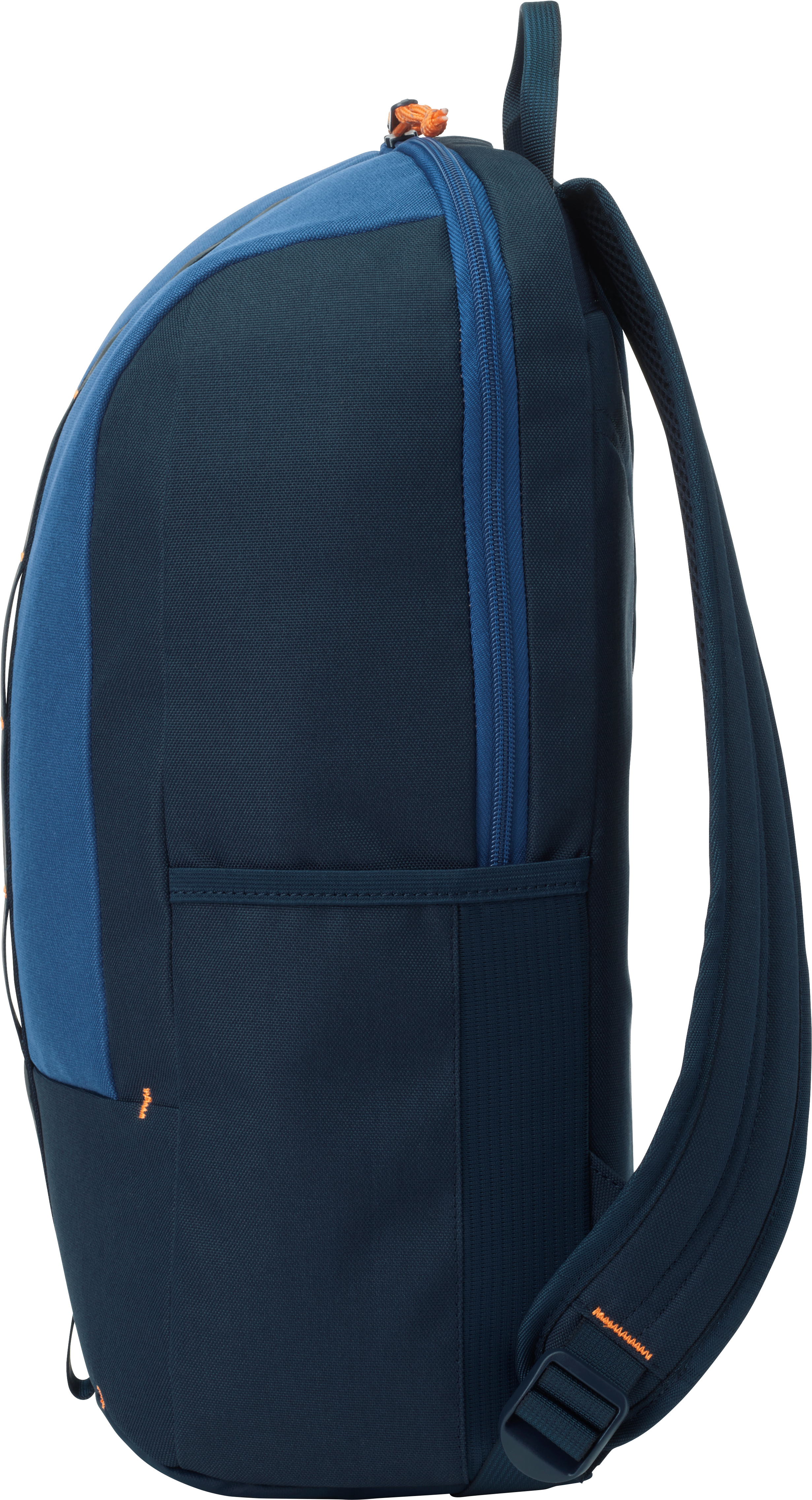 Mochila con paneles azules y azul marino, detalles en naranja. Vista lateral.