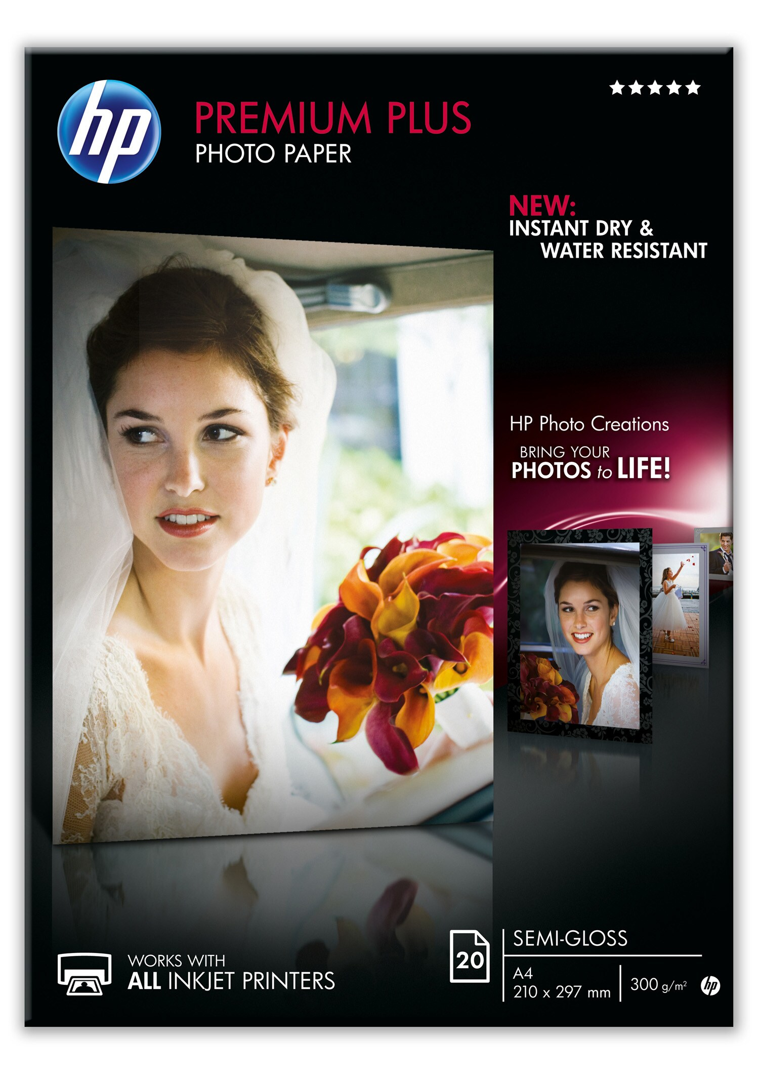 Publicité papier photo HP. Mariée avec des fleurs. Une photo et une photo de mariage sont montrées.