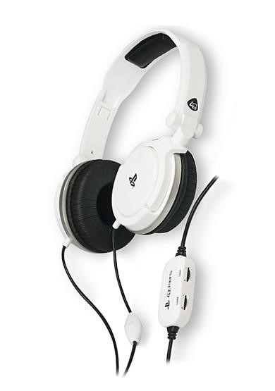 Witte over-ear koptelefoon met zwarte oorschelpen en inline volumeregeling.