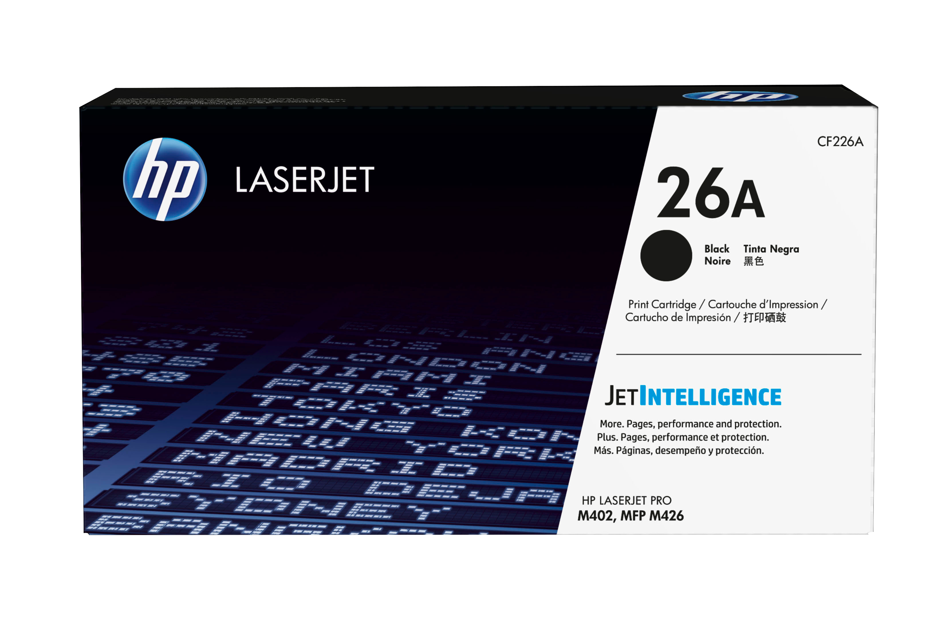 HP LaserJet 26A Schwarz-Druckpatronenbox mit Stadtlandschaftshintergrund und JetIntelligence-Text.