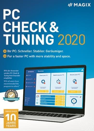 Een laptopscherm toont een PC CHECK & TUNING 2020-advertentie met een blauwe achtergrond.