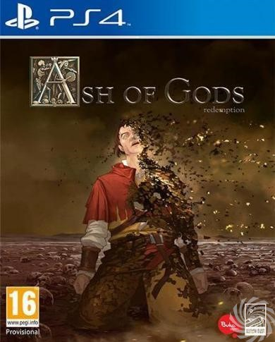 Omslag van Ash of Gods: Redemption. Een man knielt, gedeeltelijk uiteenvallend. De titel staat erboven, met PS4-logo.