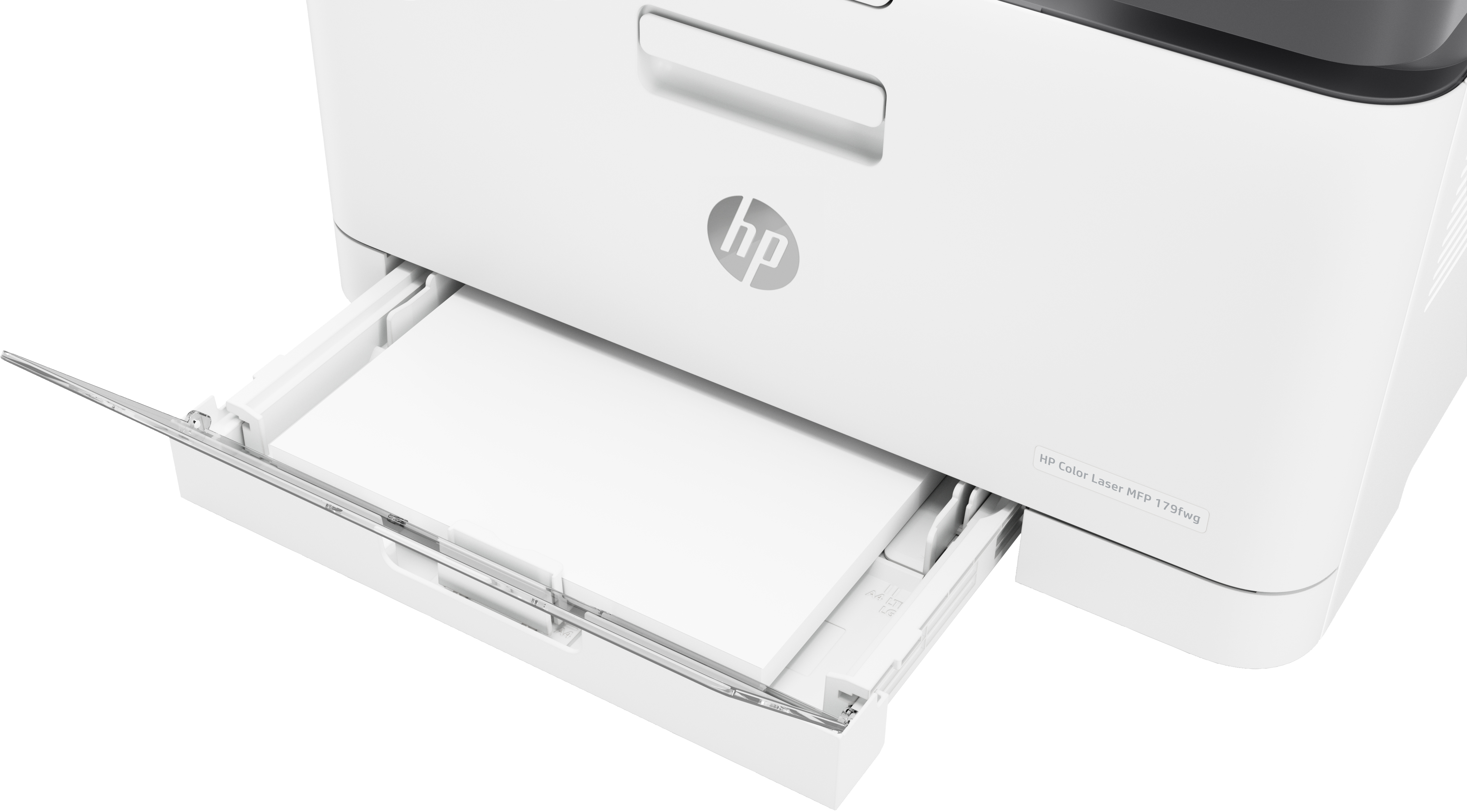 Imprimante HP Color Laser blanche, bac à papier ouvert, avec papier blanc à l'intérieur. Logo HP visible. Modèle MFP 179fwg.