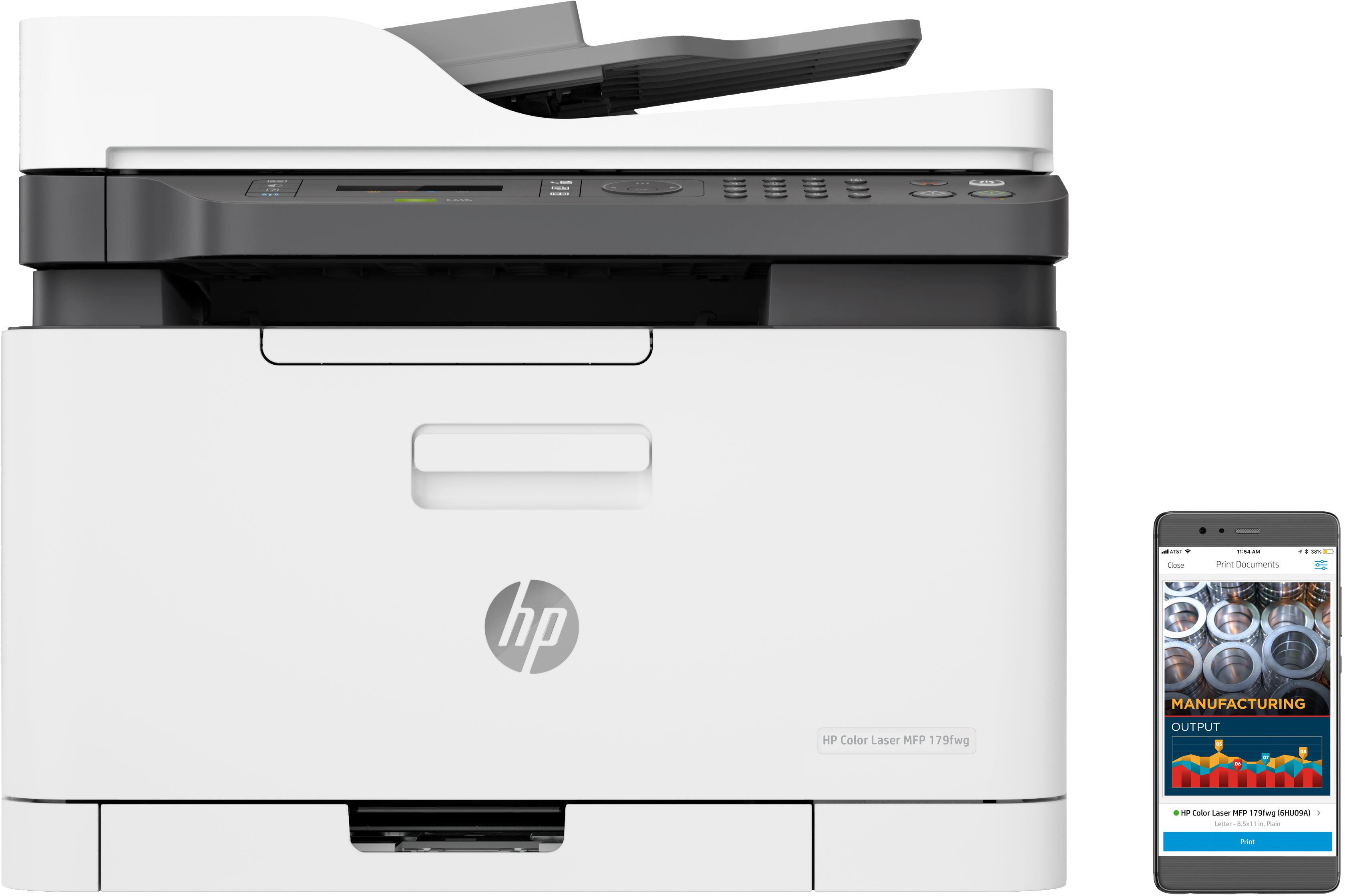 Imprimante laser couleur HP blanche et noire avec un smartphone affichant une tâche d'impression.