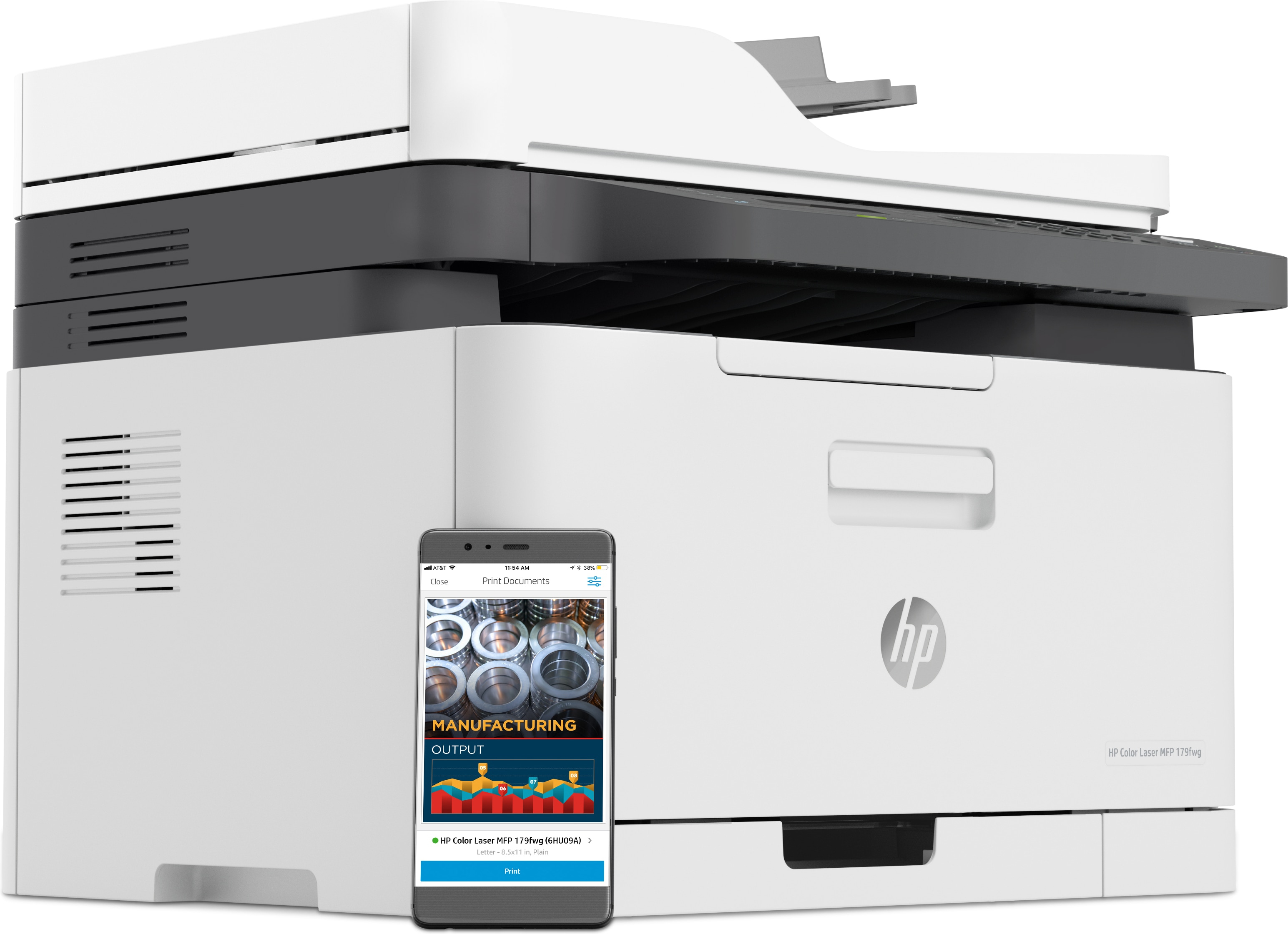 Une imprimante HP blanche et noire avec un téléphone affichant un graphique de production. Le téléphone affiche un bouton d'impression.