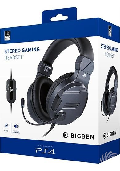 Black and gray Bigben PS4 stereo gaming headset in box, with a microphone.