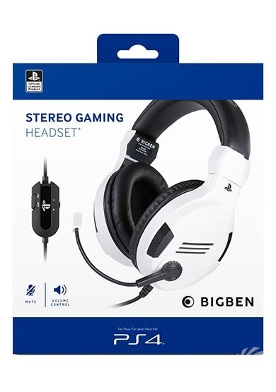 White and black PlayStation 4 gaming headset with volume control, microphone, and BIGBEN branding.