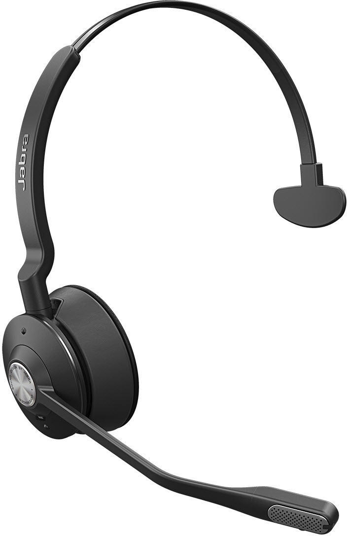 Schwarzes Jabra Headset, geschwungenes Design, mit Mikrofon.