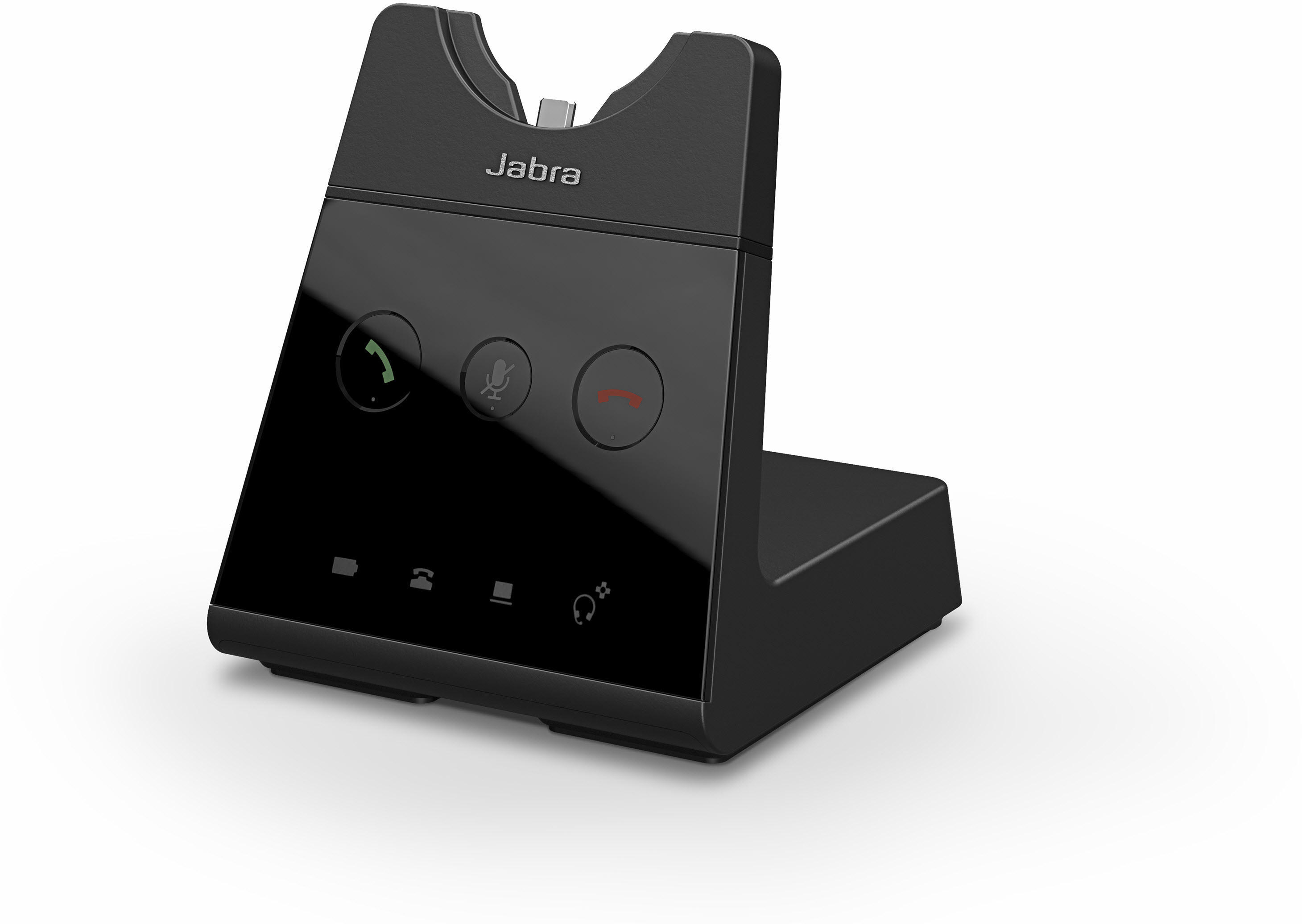 Schwarze Jabra Ladestation mit glänzender Front. Sie hat Anrufsteuerungstasten und einen USB-C-Anschluss.