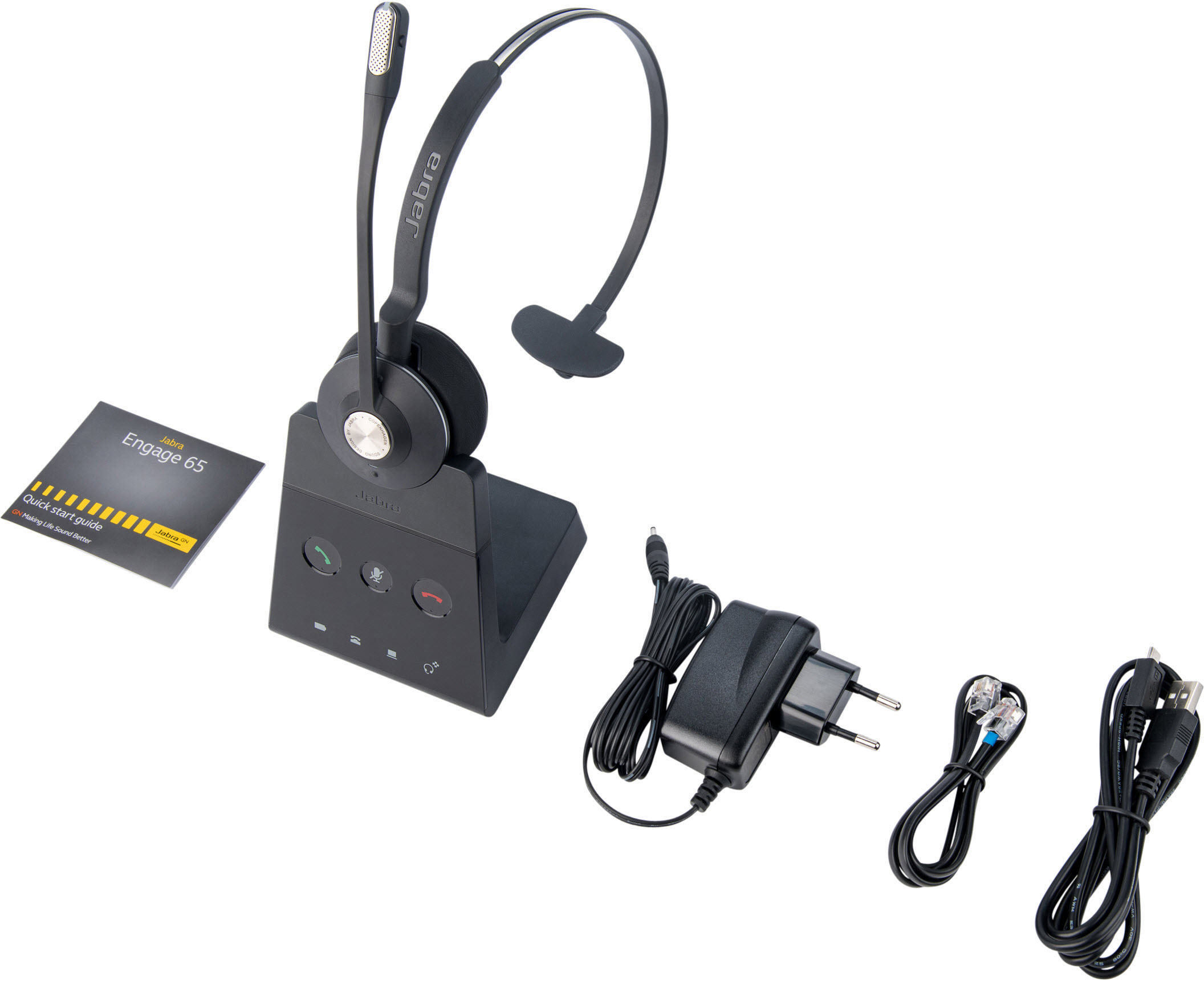 Kabelloses Jabra Engage 65 Headset mit Basis, Kabeln und Dokumentation.