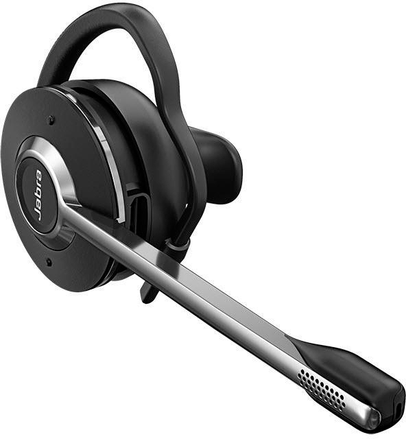 Schwarzes Jabra-Headset, silberne Details, geschwungenes Design, für Anrufe und Kommunikation.
