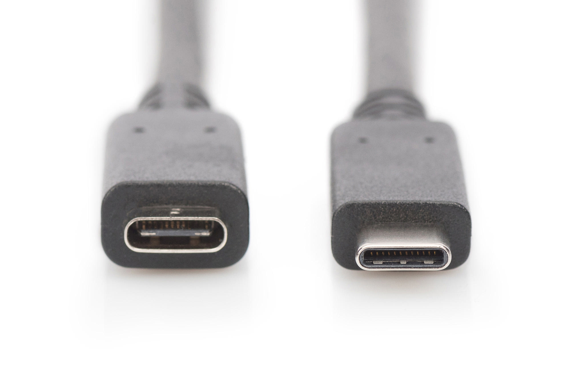 Nahaufnahme von zwei USB-C-Anschlüssen auf weißem Hintergrund.