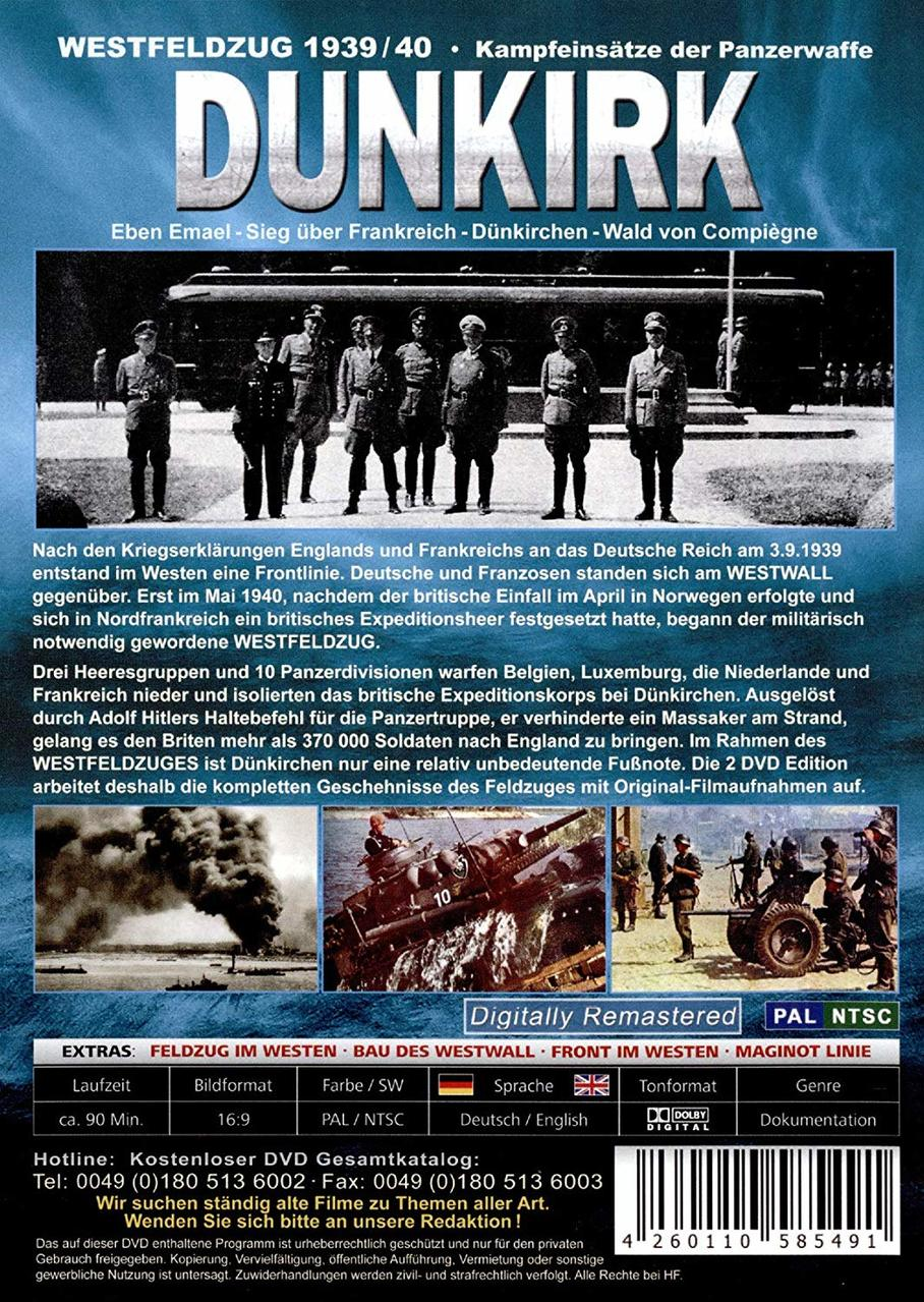 'Dünkirchen' DVD-Cover mit Fotos von Soldaten und einem Zug. Text gibt Filminfos.