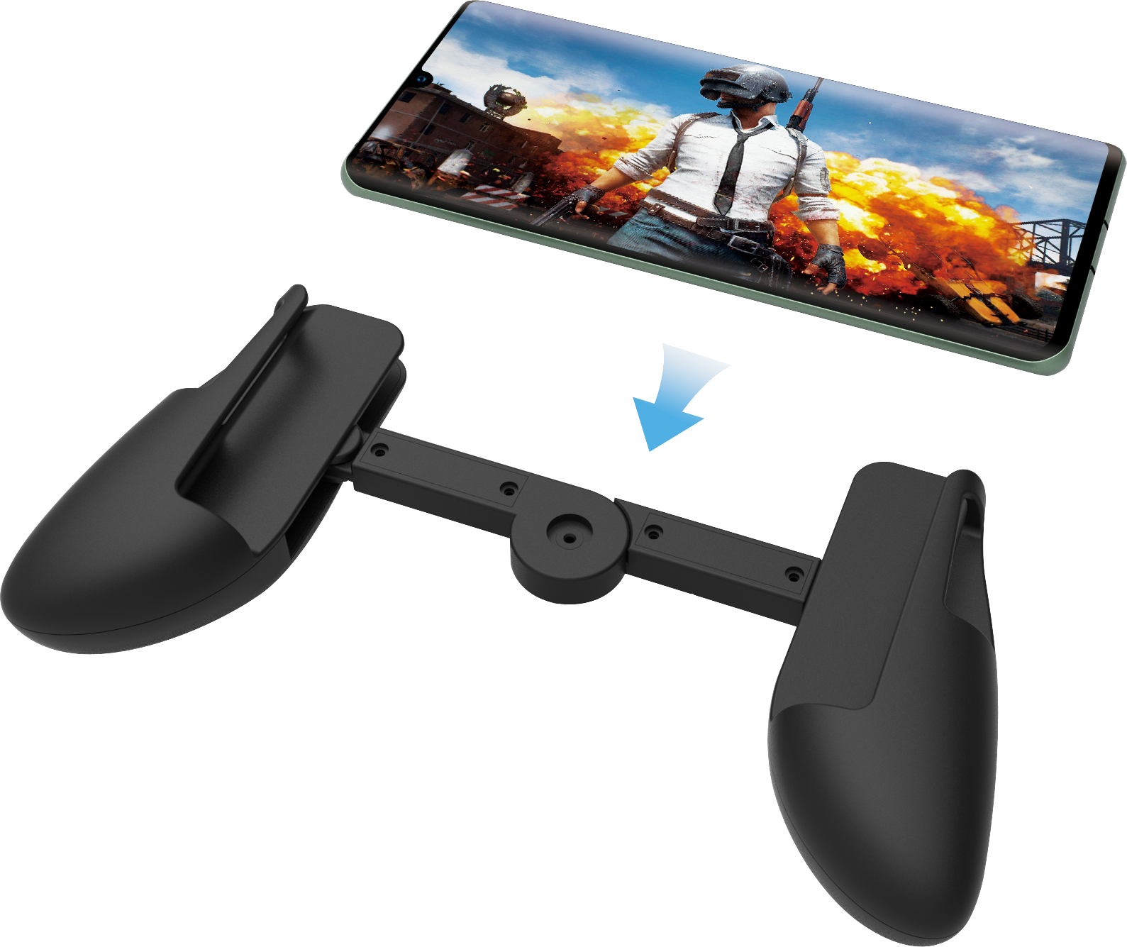 A képen egy fekete gamepad látható, amely egy mobiltelefonhoz van csatlakoztatva, és egy robbanásokkal teli játékképet jelenít meg.