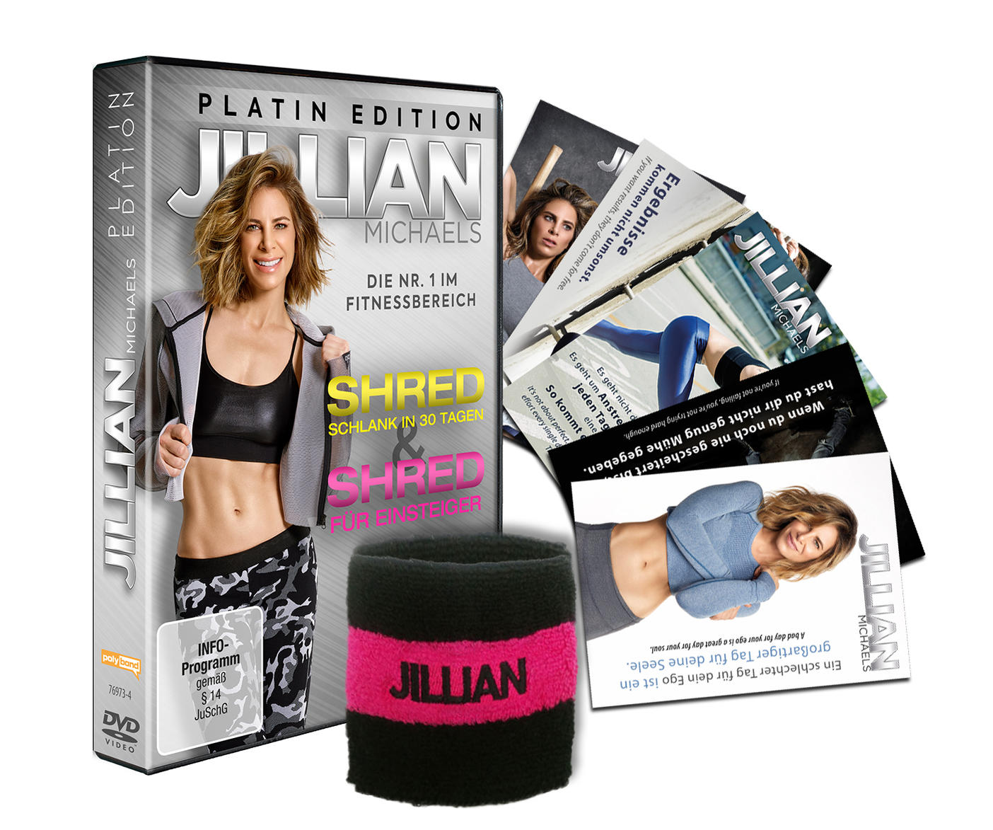 Fitness-DVD-Set. Jillian Michaels, DVDs und Armband. Text: SHRED, Jillian Michaels.