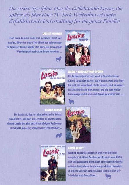 Poster mit Lassie-Filmplakaten. Die Plakate zeigen Menschen und einen Hund.