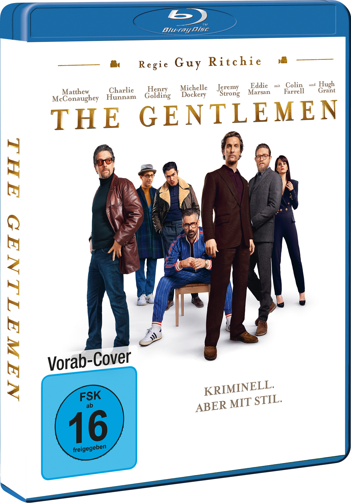 DVD-Cover von 'The Gentlemen'. Männergruppe in Anzügen. Blu-ray Disc-Logo und Altersfreigabe sichtbar.