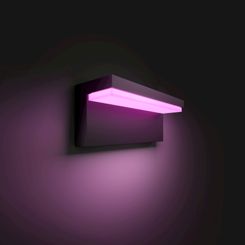 Eine schwarze Wandleuchte mit einem rosa Lichtstreifen.