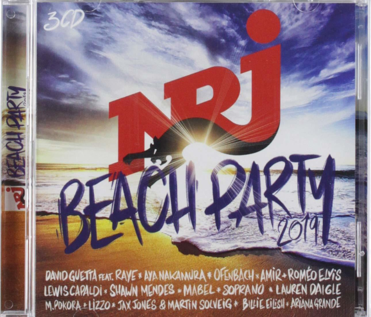 Pochette de CD de NRJ Beach Party 2019 avec texte et scène de plage.