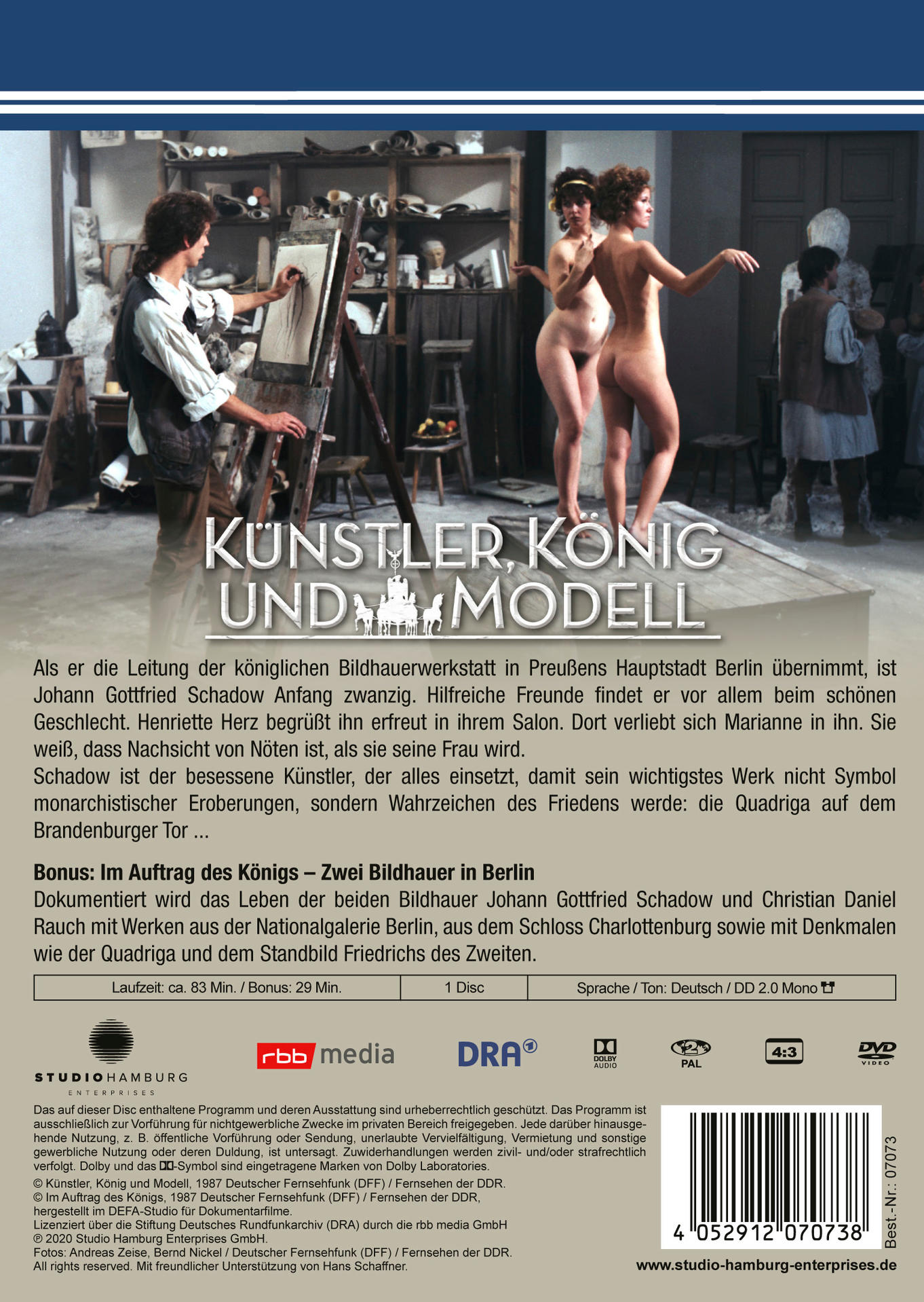 Eine DVD-Hülle mit einem Filmplakat, das einen Maler und zwei Modelle zeigt.