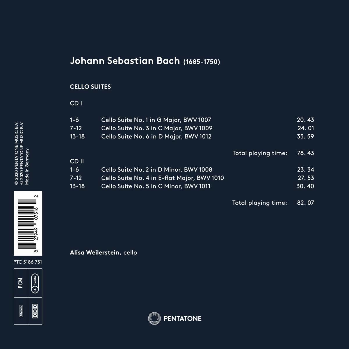 Albumcover von Johann Sebastian Bachs Cellosuiten, mit Titeln und Spielzeiten.
