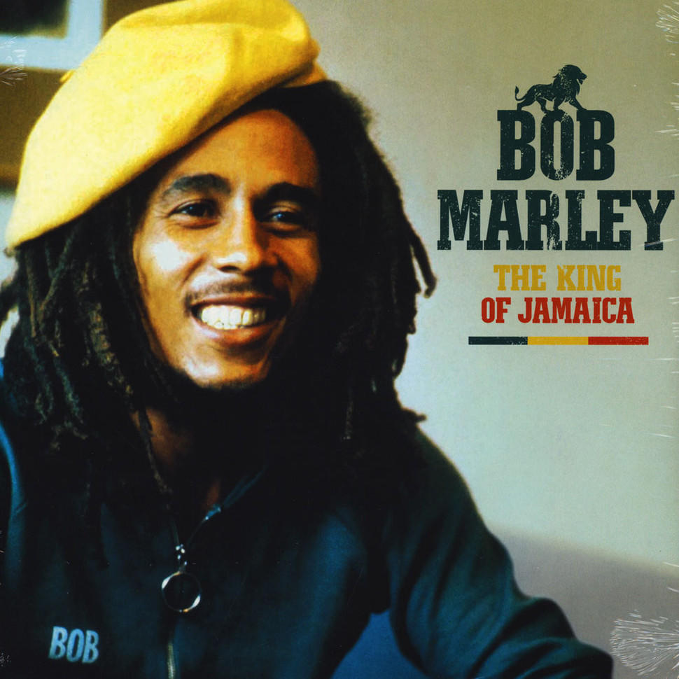 Bob Marley lächelt mit gelber Baskenmütze, Albumcover mit Text.
