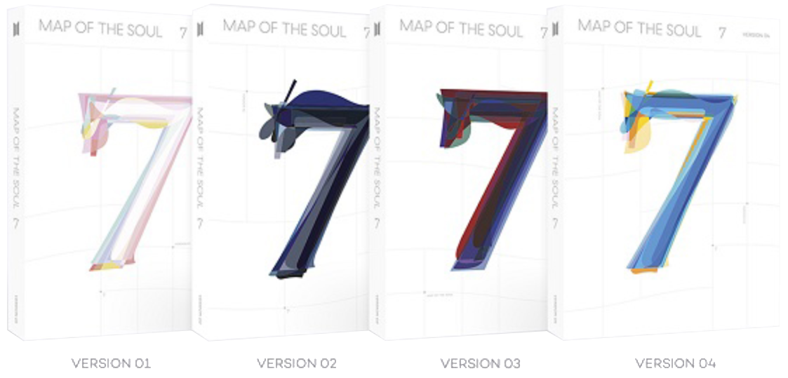 Quatre versions de l'album 'Map of the Soul 7' de BTS. Chacune a un design de couverture et un schéma de couleurs différents.