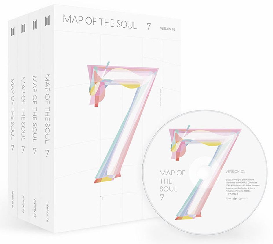 Coffret album BTS avec un CD. Boîte blanche avec l'art de l'album dessus.
