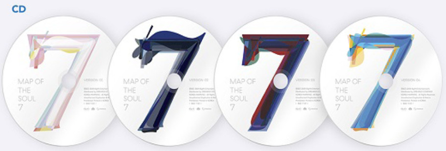 Quatre disques CD avec des motifs colorés du chiffre 7, chacun avec une palette de couleurs différente.