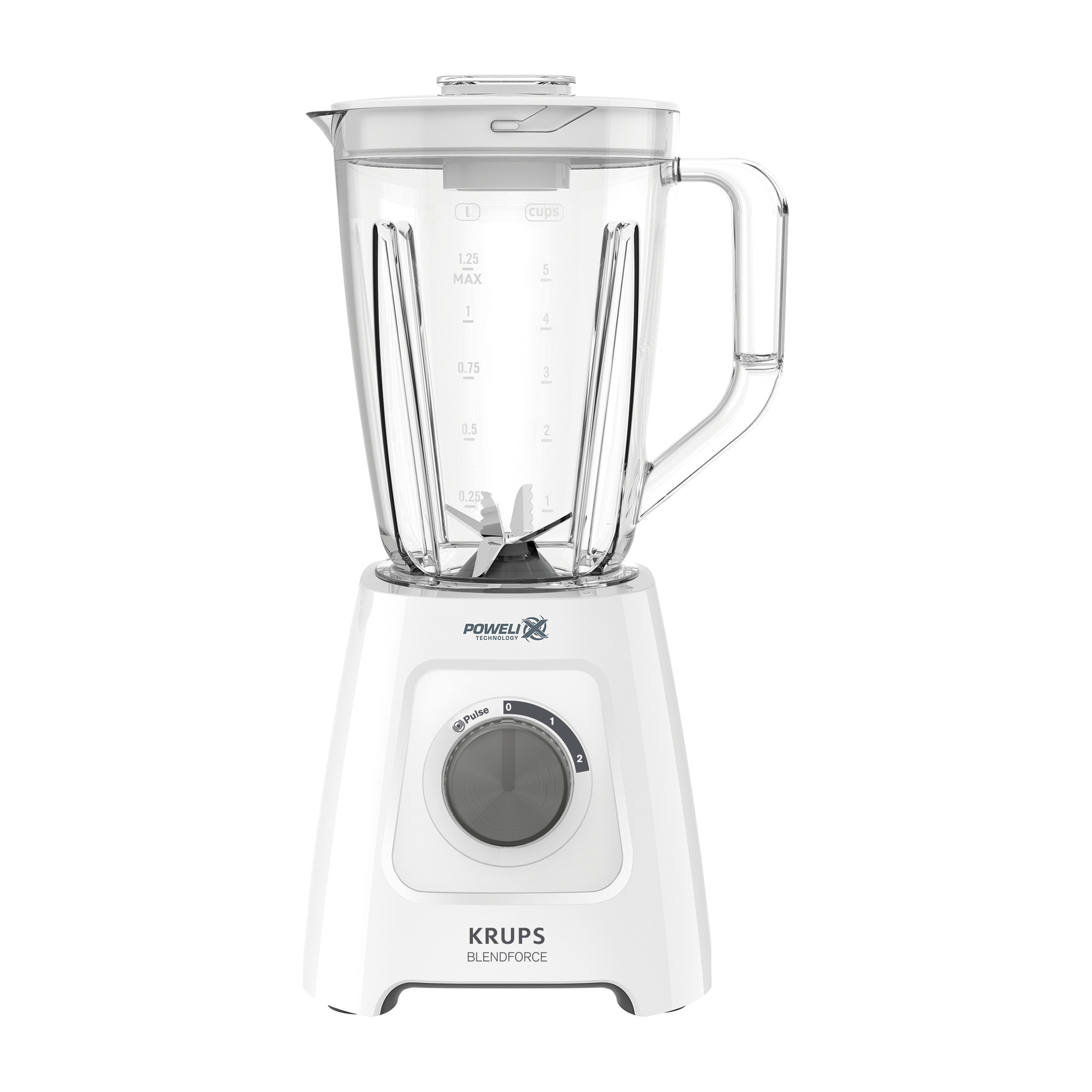 Ein weißer Mixer mit einem transparenten Glas und einem Drehregler.
