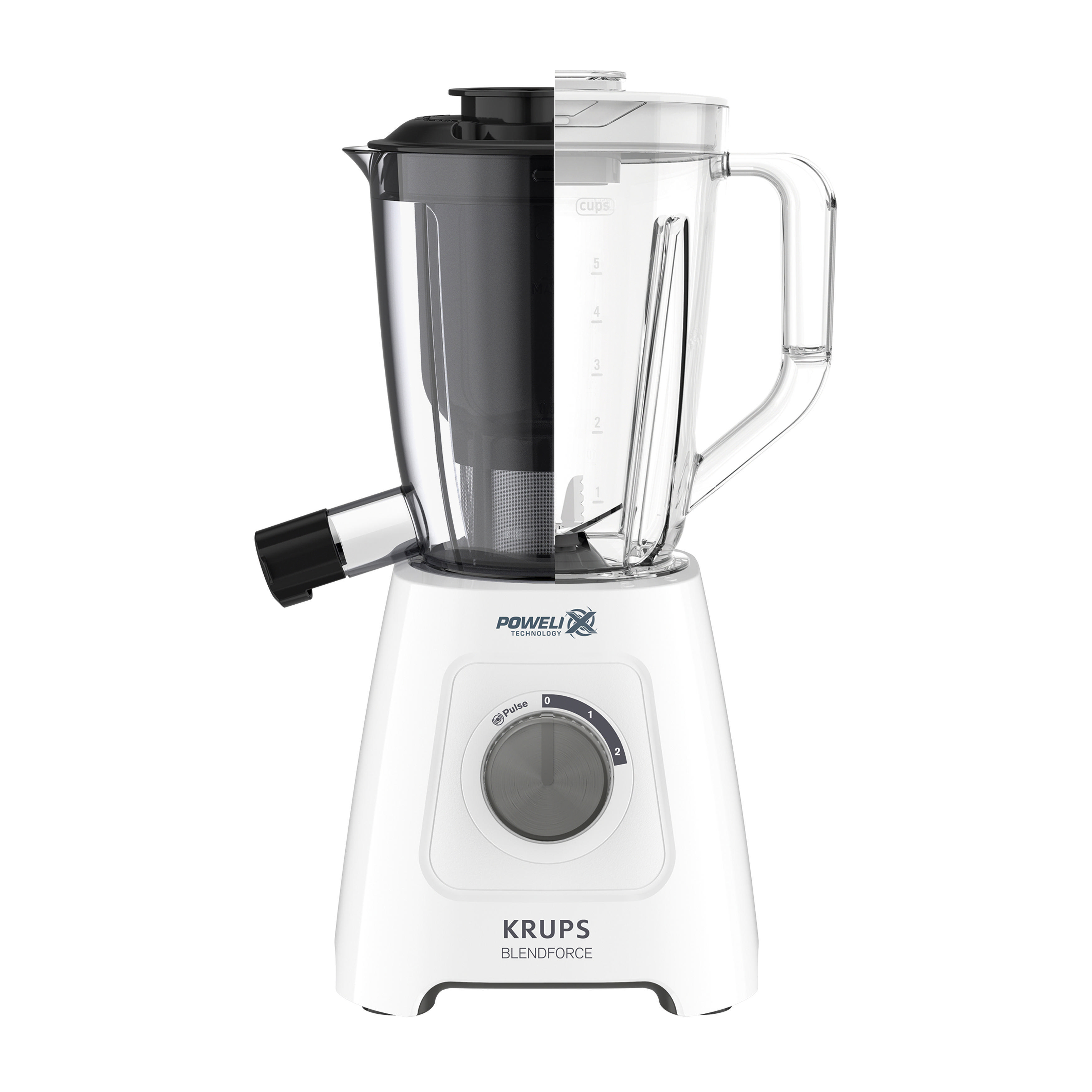 Ein weißer Mixer mit einem schwarzen Behälter im Inneren.