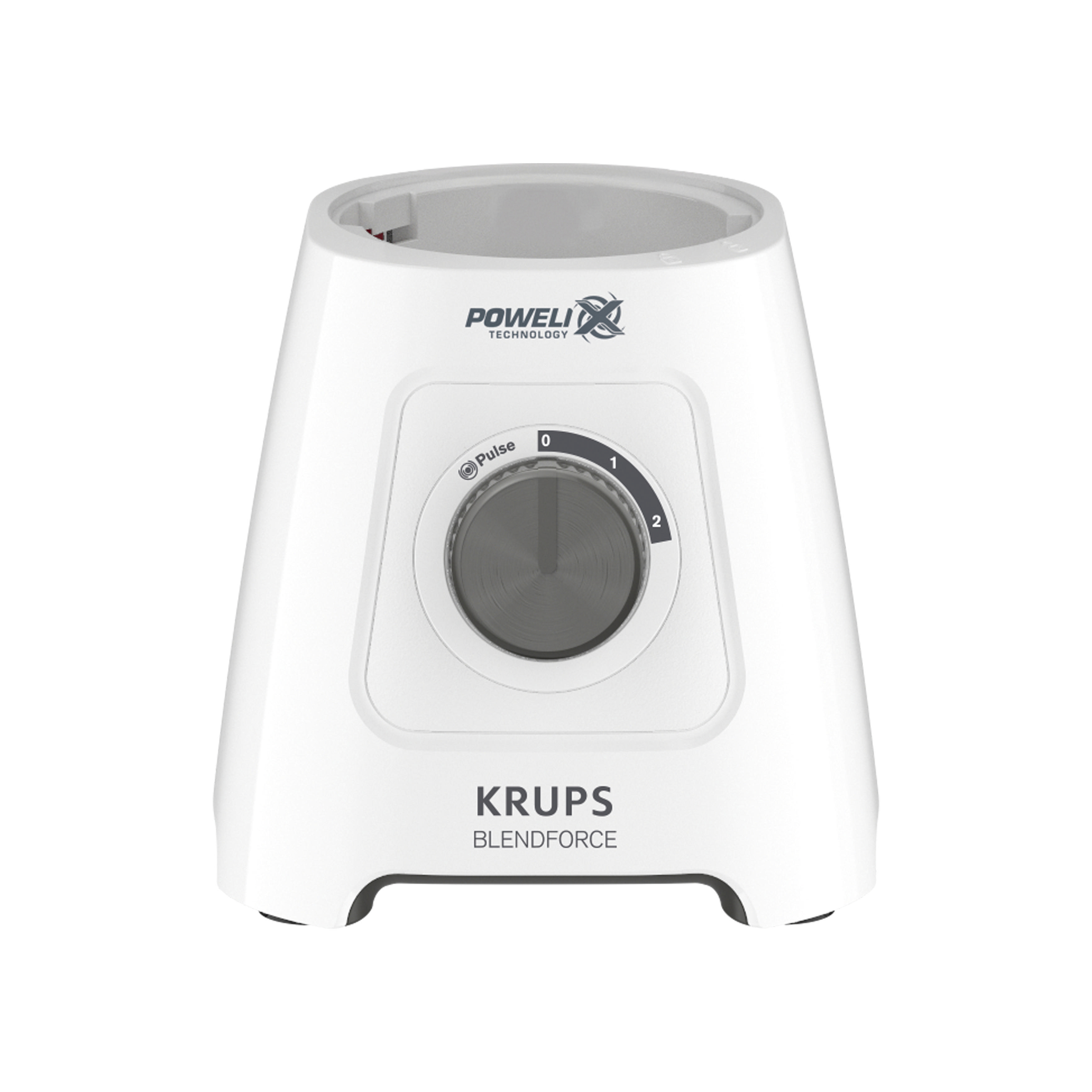 Der weiße Sockel eines Mixers mit Drehknopf und Markenname.