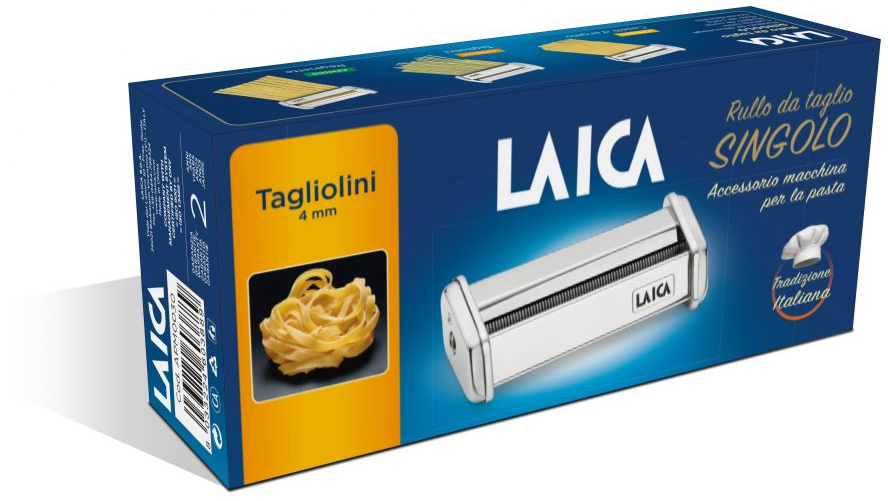 LAICA Tagliolini tészta doboza és tésztagép. Kék doboz tésztaképpel.