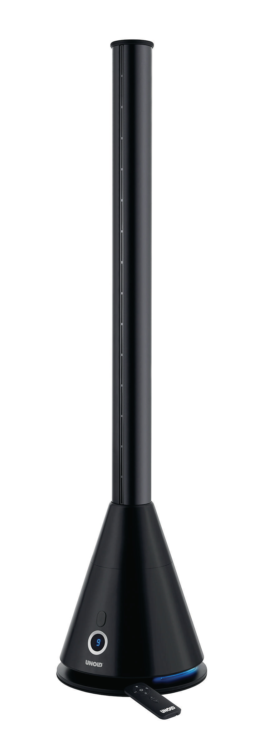 Bild: Ein schwarzer Turmventilator mit Sockel und Fernbedienung.