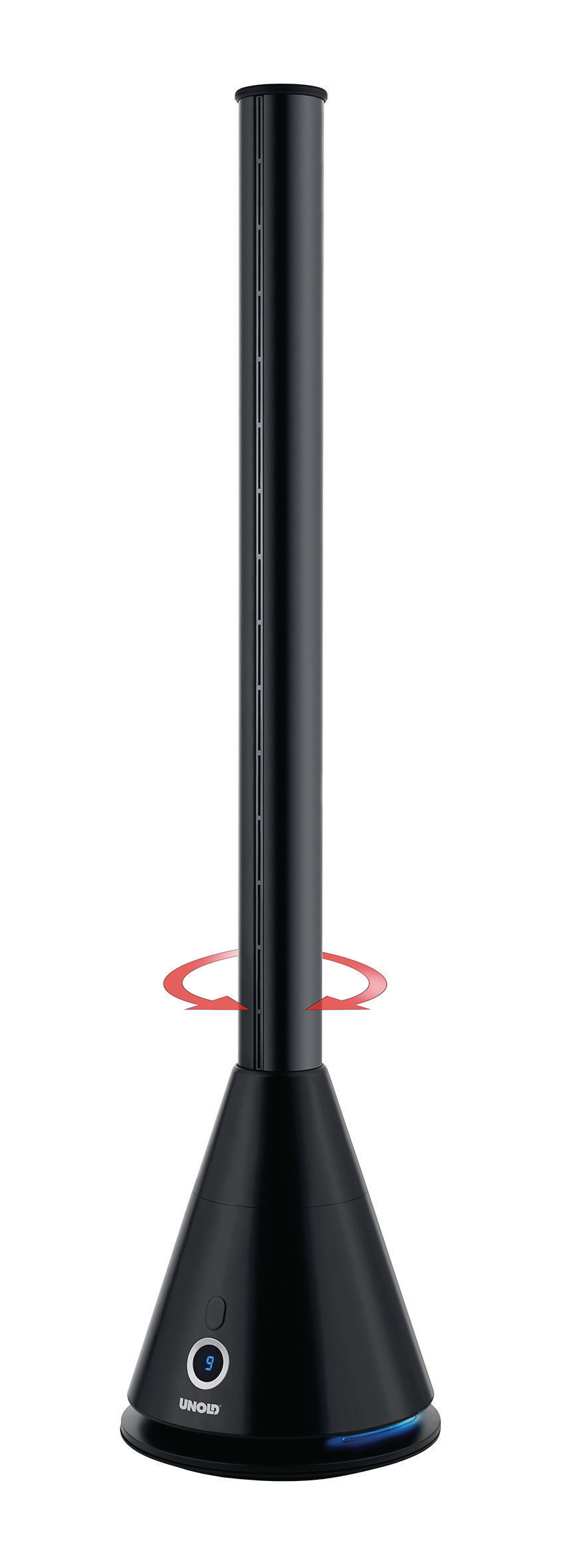 Schwarzer Turmventilator mit kreisförmigem rotem Designelement. Die Basis hat ein blaues Licht.