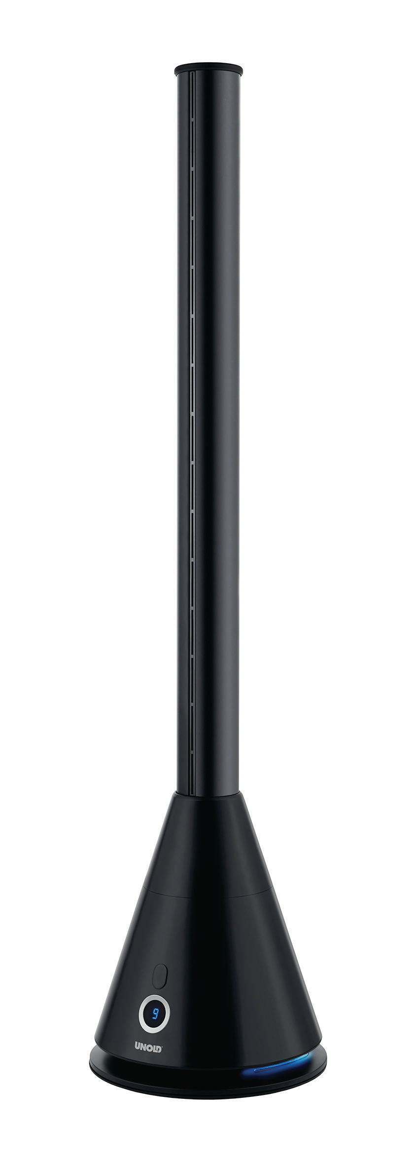 Schwarzer Turmventilator mit abgerundetem Sockel und Bedienfeld.