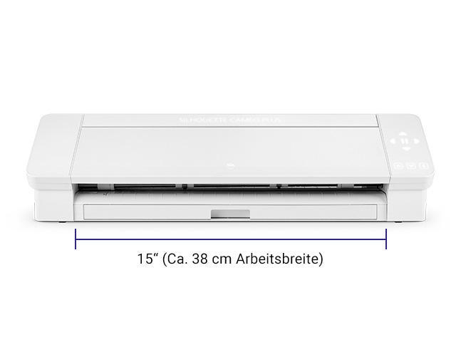 Weiße Silhouette Cameo Maschine. Das Bild hat eine Messlinie, die 15 Zoll (38 cm) anzeigt.