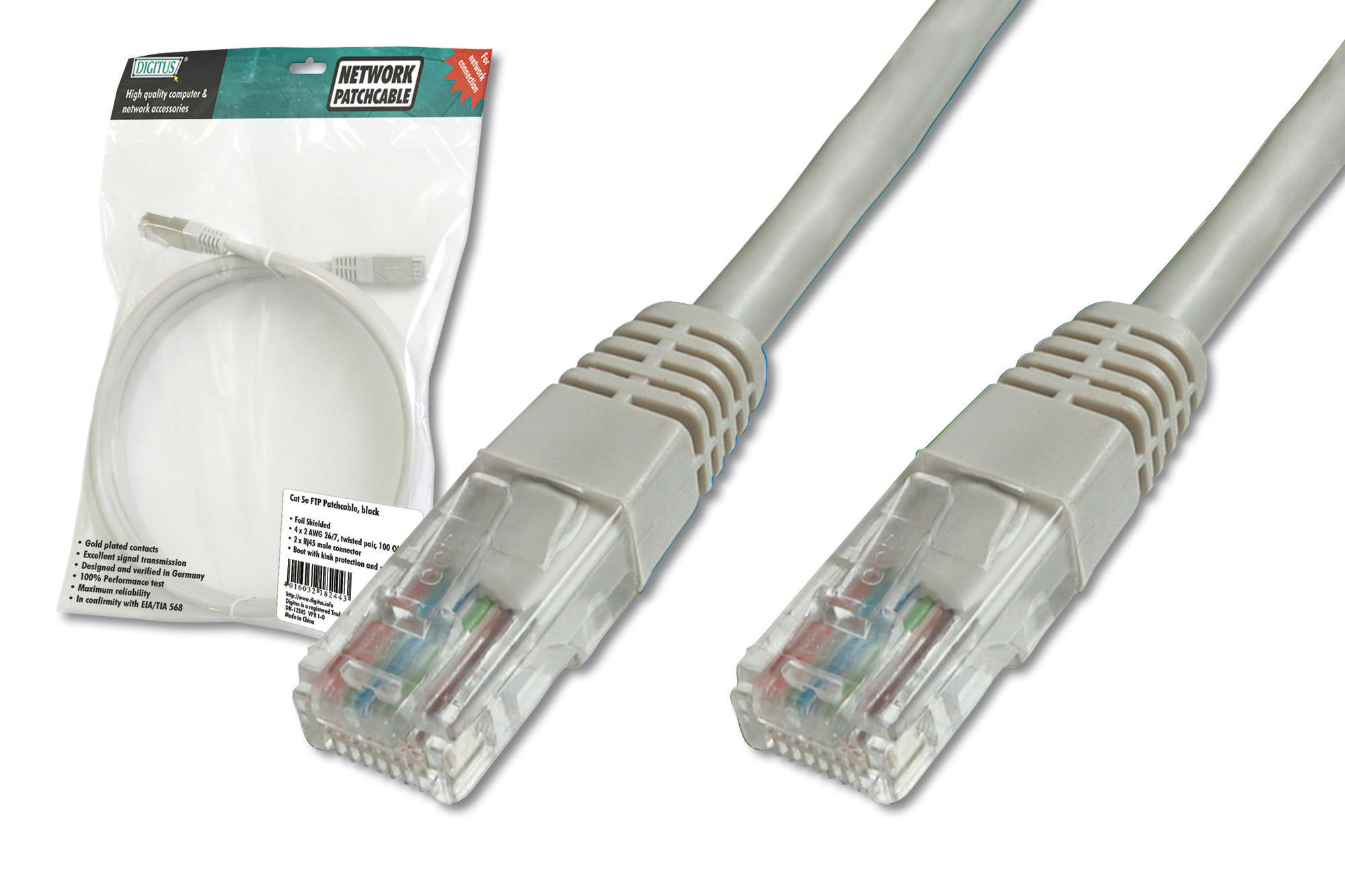 Graues Netzwerkkabel mit RJ45-Steckern, verpackt und einzeln.