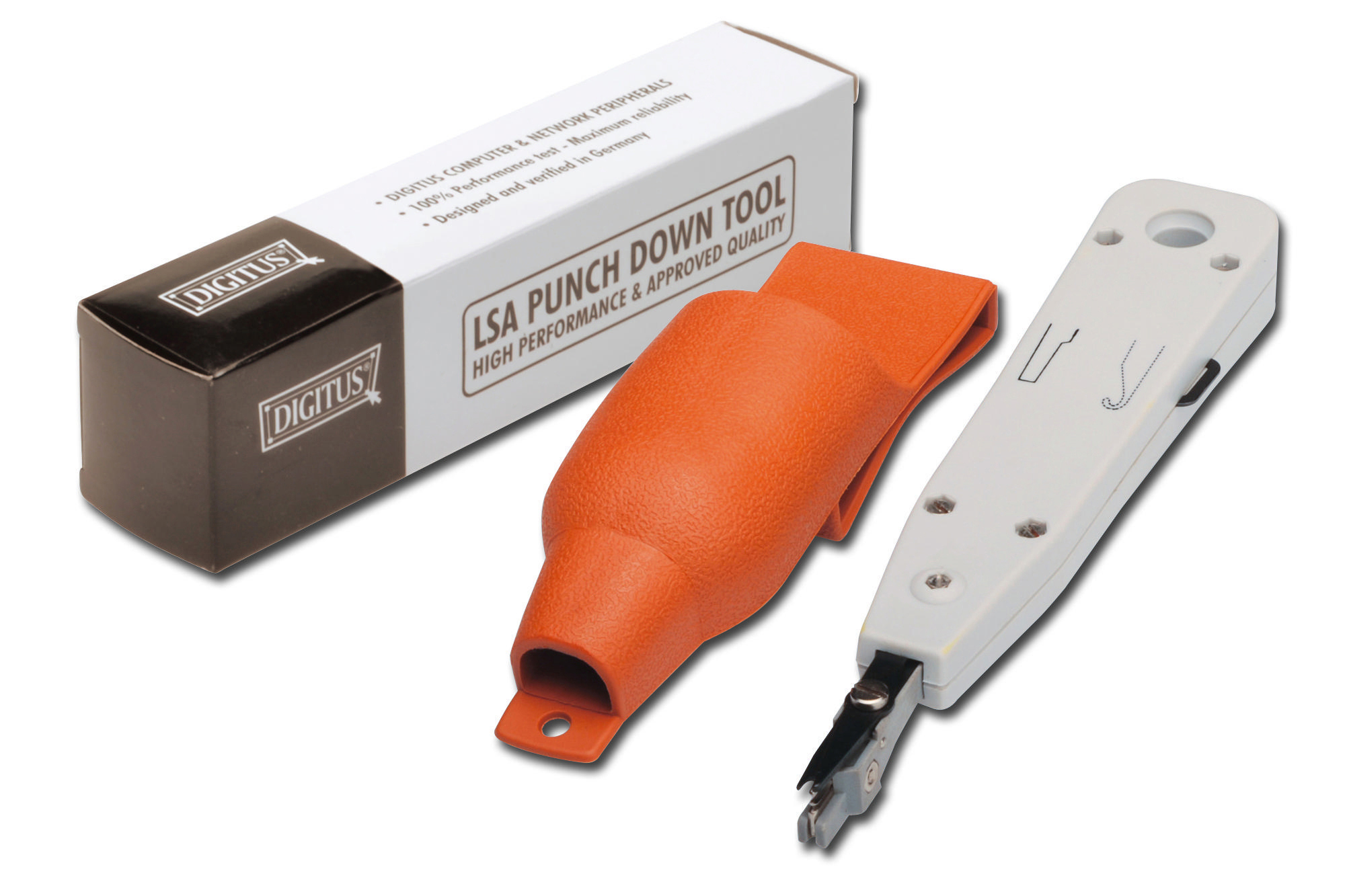 Ein LSA-Punch-Down-Tool mit orangefarbener Hülle und Verpackung.
