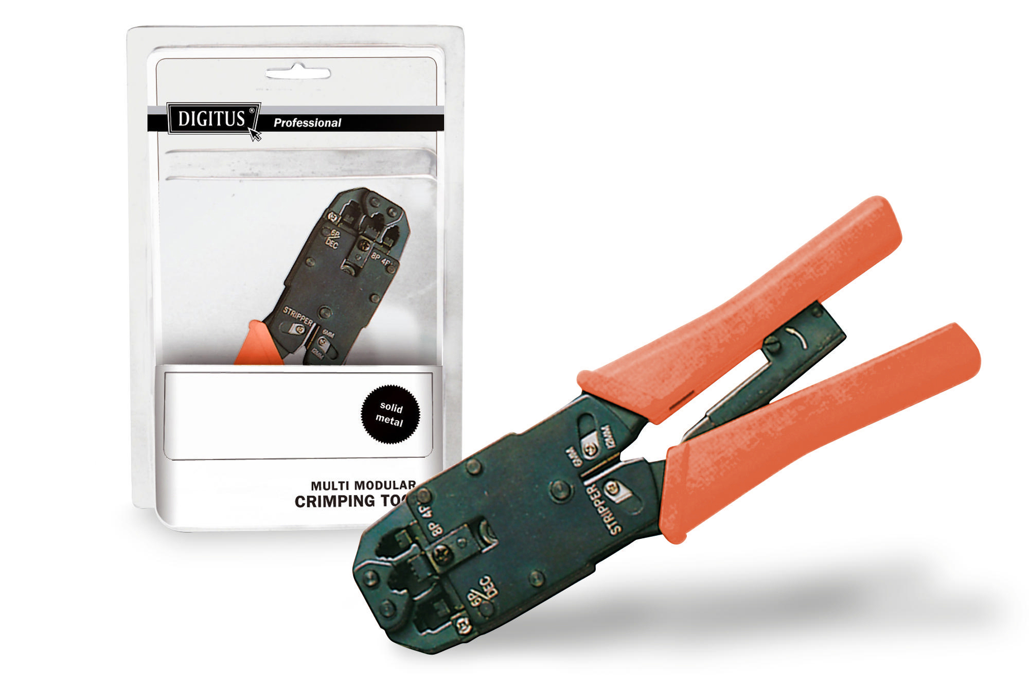 Ein Netzwerkkabel-Crimpwerkzeug mit orangen Griffen liegt neben seiner Verpackung.