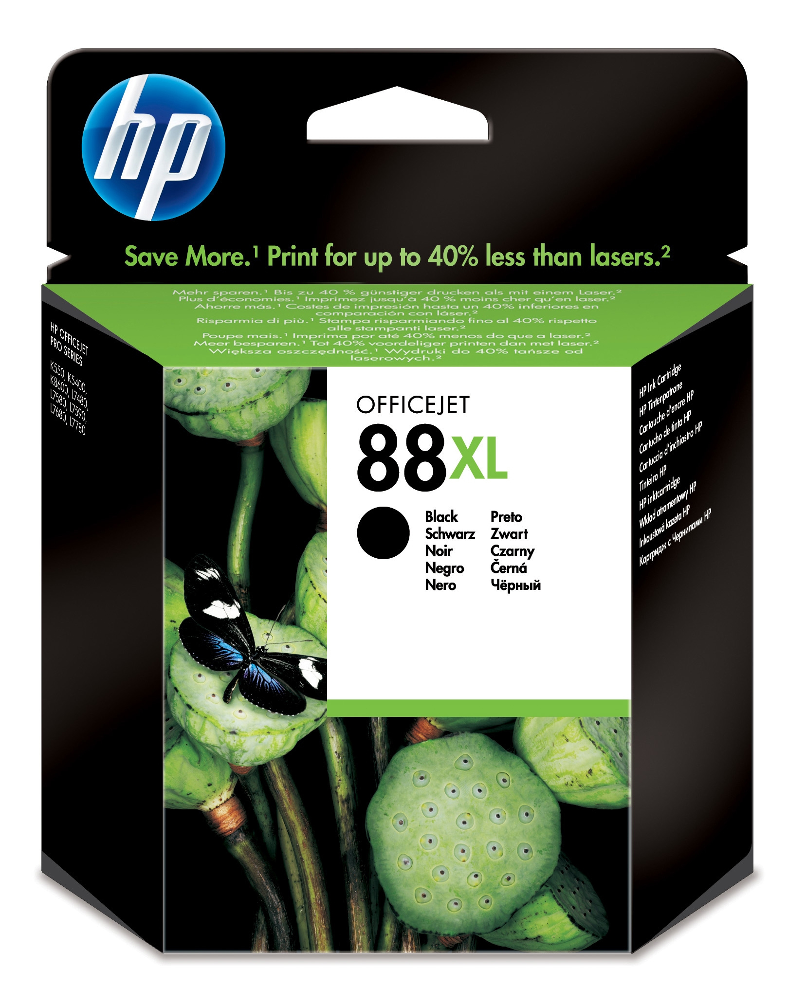HP Officejet 88XL schwarze Tintenpatronenbox mit Schmetterling und Lotusblütenbild.